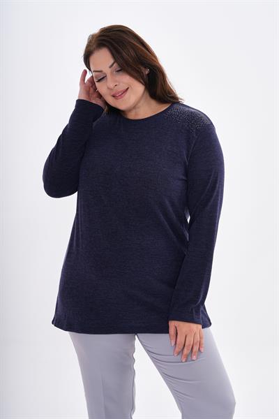 Kadın uzun kollu omzu taş detaylı büyük beden triko görünümlü bluz-bgb42 - Charamela