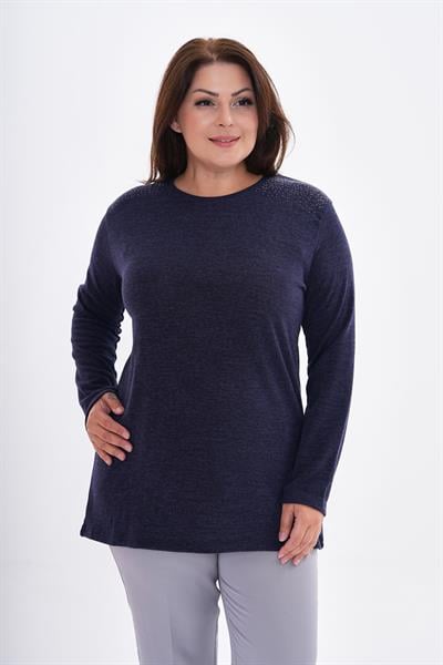 Kadın uzun kollu omzu taş detaylı büyük beden triko görünümlü bluz-bgb42 - Charamela