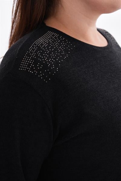 Kadın uzun kollu omzu taş detaylı büyük beden triko görünümlü bluz-bgb32 - Charamela