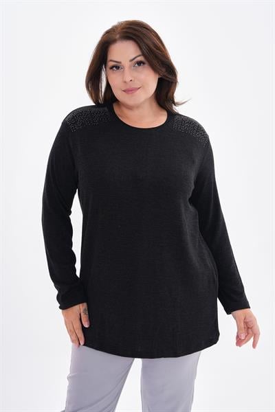 Kadın uzun kollu omzu taş detaylı büyük beden triko görünümlü bluz-bgb32 - Charamela