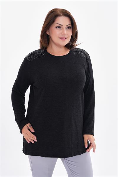 Kadın uzun kollu omzu taş detaylı büyük beden triko görünümlü bluz-bgb32 - Charamela