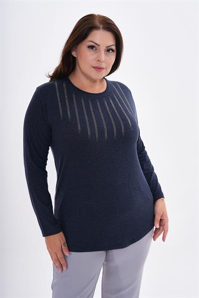 Kadın uzun kollu önü taş detaylı büyük beden bluz -bgb44 - Charamela