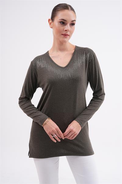 Kadın uzun kollu önü taş detaylı büyük beden bluz -bgb26 - Charamela