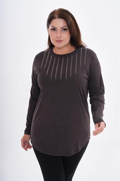 Kadın uzun kollu önü taş detaylı büyük beden bluz -bgb43 - Charamela