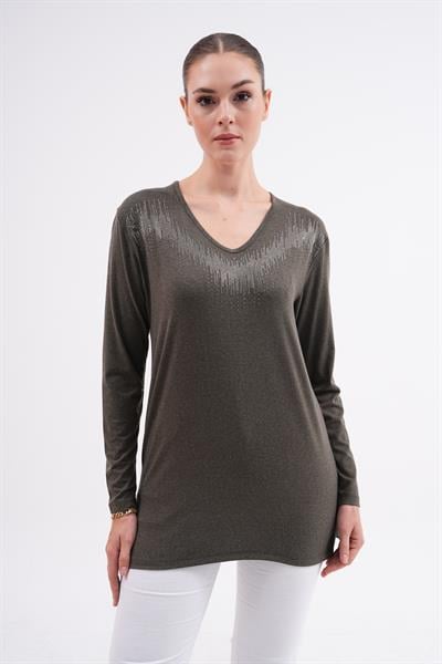 Kadın uzun kollu önü taş detaylı büyük beden bluz -bgb26 - Charamela