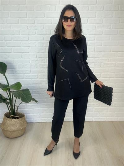 Kadın uzun kollu Taş Baskılı Büyük Beden Siyah Bluz-bgb143 - Charamela