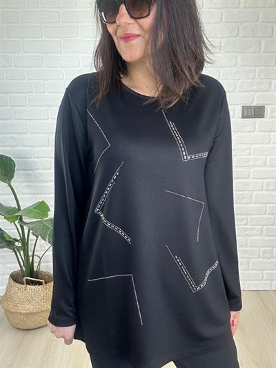 Kadın uzun kollu Taş Baskılı Büyük Beden Siyah Bluz-bgb143 - Charamela