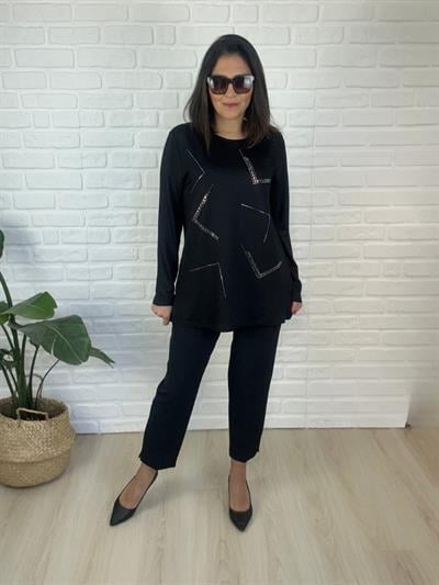 Kadın uzun kollu Taş Baskılı Büyük Beden Siyah Bluz-bgb143 - Charamela