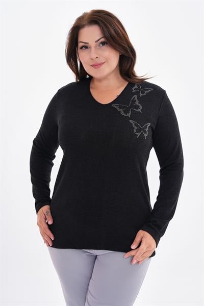 Kadın uzun kollu taş detaylı büyük beden triko görünümlü bluz-bgb41 - Charamela