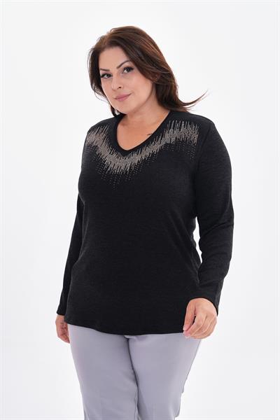 Kadın uzun kollu taş detaylı büyük beden triko görünümlü siyah bluz-bgb47 - Charamela