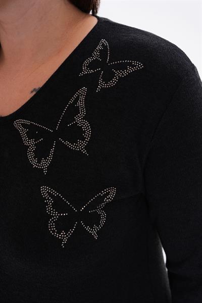 Kadın uzun kollu taş detaylı büyük beden triko görünümlü bluz-bgb41 - Charamela