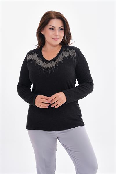 Kadın uzun kollu taş detaylı büyük beden triko görünümlü siyah bluz-bgb47 - Charamela