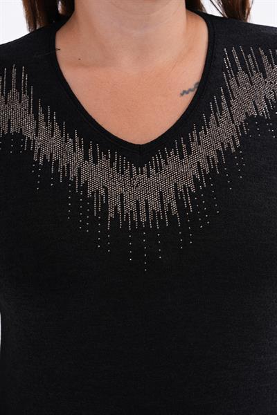 Kadın uzun kollu taş detaylı büyük beden triko görünümlü siyah bluz-bgb47 - Charamela