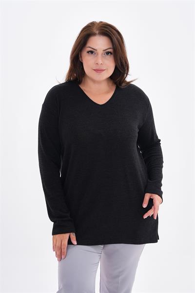 Kadın uzun kollu v yaka büyük beden triko görünümlü bluz-bgb38 - Charamela