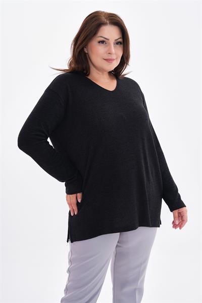 Kadın uzun kollu v yaka büyük beden triko görünümlü bluz-bgb38 - Charamela