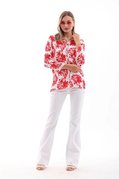 Kadın uzun kollu viskon gömlek kırmızı beyaz - Charamela