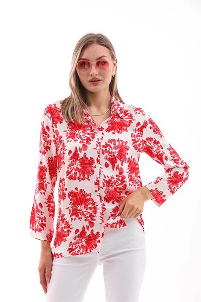 Kadın uzun kollu viskon gömlek kırmızı beyaz - Charamela
