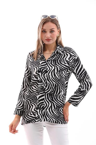 Kadın uzun kollu viskon gömlek siyah beyaz - Charamela