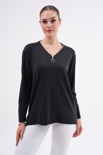 Kadın uzun kollu yaka detaylı büyük beden bluz -bgb27 - Charamela