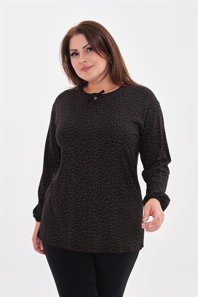 Kadın uzun kollu yakası baskılı büyük beden penye bluz-bgb50 - Charamela