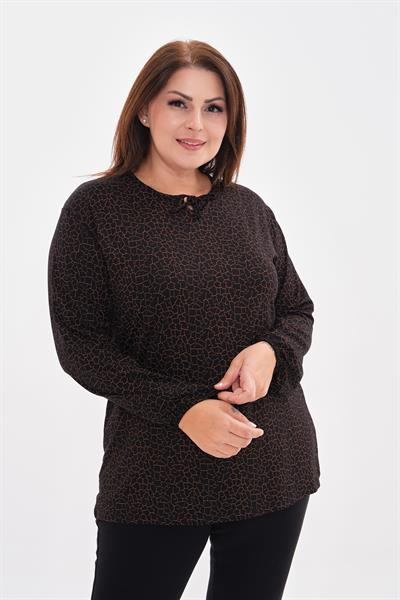 Kadın uzun kollu yakası baskılı büyük beden penye bluz-bgb50 - Charamela