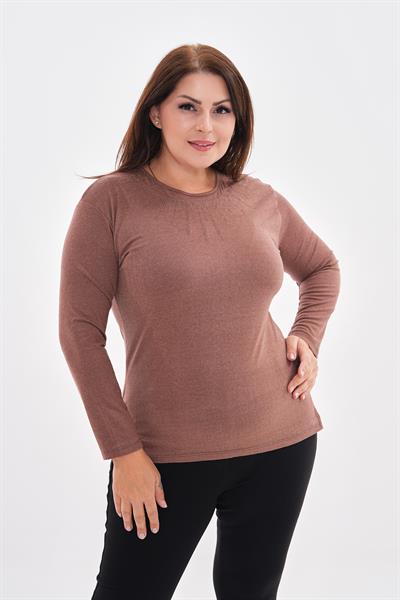 Kadın uzun kollu yakası nakış detaylı büyük beden penye bluz-bgb49 - Charamela