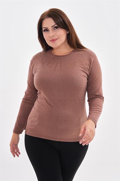 Kadın uzun kollu yakası nakış detaylı büyük beden penye bluz-bgb49 - Charamela