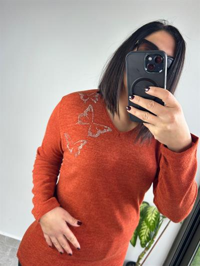 Kadın uzun kollu yakası taş detaylı büyük beden triko görünümlü siyah bluz-bgb-57 - Charamela