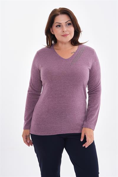 Kadın uzun kollu yakası taş detaylı büyük beden triko görünümlü bluz-bgb39 - Charamela