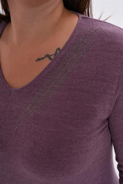 Kadın uzun kollu yakası taş detaylı büyük beden triko görünümlü bluz-bgb39 - Charamela