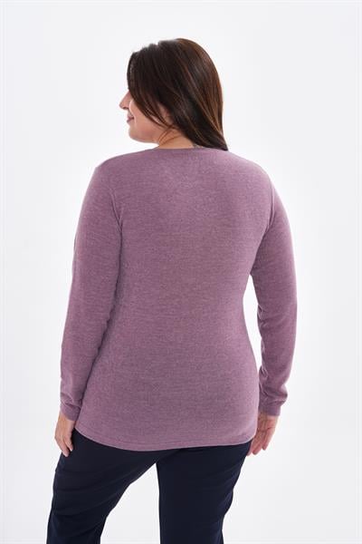 Kadın uzun kollu yakası taş detaylı büyük beden triko görünümlü bluz-bgb39 - Charamela