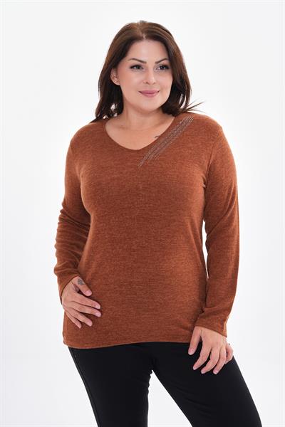 Kadın uzun kollu yakası taş detaylı büyük beden triko görünümlü bluz-bgb36 - Charamela