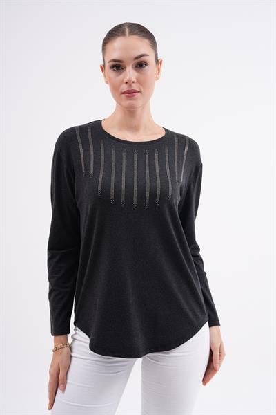 Kadın uzun kollu yakası taş detaylı büyük beden bluz-bgb25 - Charamela