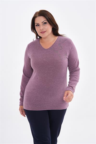 Kadın uzun kollu yakası taş detaylı büyük beden triko görünümlü bluz-bgb40 - Charamela