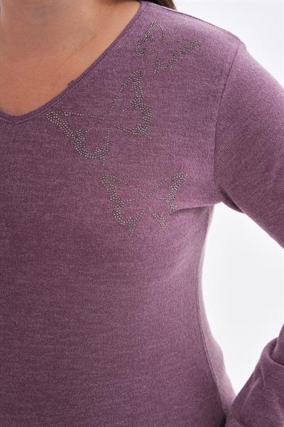 Kadın uzun kollu yakası taş detaylı büyük beden triko görünümlü bluz-bgb40 - Charamela