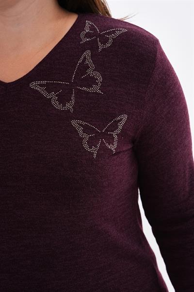 Kadın uzun kollu yakası taş detaylı büyük beden triko görünümlü bluz-bgb34 - Charamela