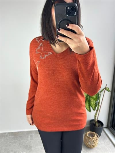 Kadın uzun kollu yakası taş detaylı büyük beden triko görünümlü siyah bluz-bgb-57 - Charamela