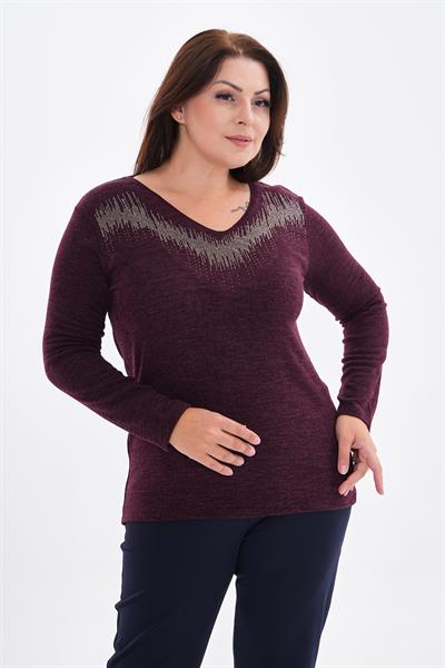 Kadın uzun kollu yakası taş detaylı büyük beden triko görünümlü bluz-bgb35 - Charamela