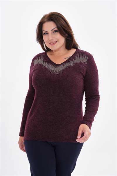 Kadın uzun kollu yakası taş detaylı büyük beden triko görünümlü bluz-bgb35 - Charamela