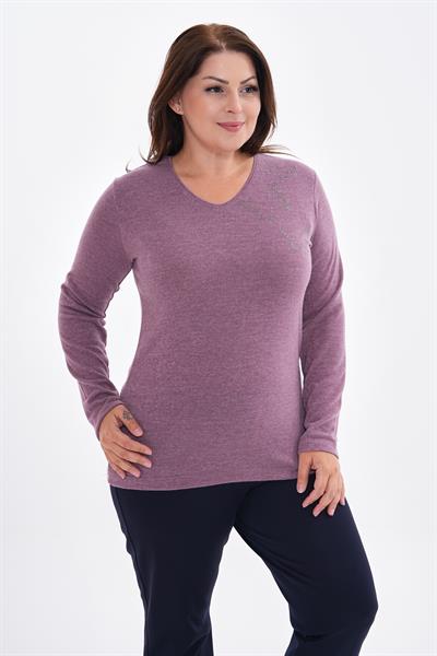 Kadın uzun kollu yakası taş detaylı büyük beden triko görünümlü bluz-bgb40 - Charamela