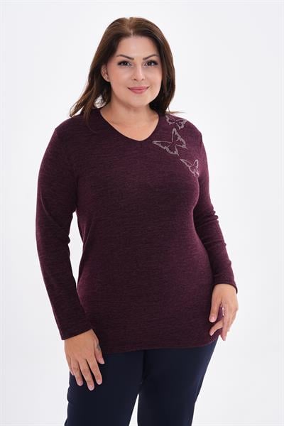 Kadın uzun kollu yakası taş detaylı büyük beden triko görünümlü bluz-bgb34 - Charamela