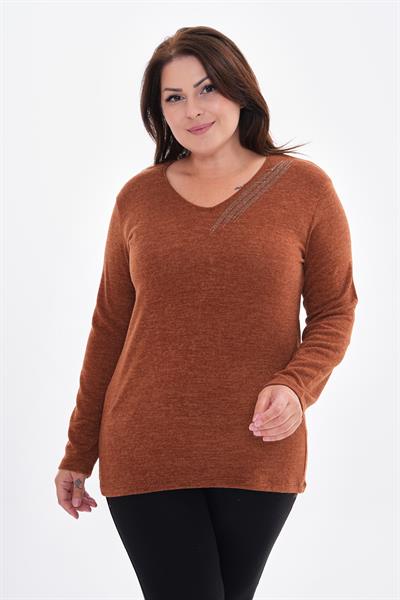 Kadın uzun kollu yakası taş detaylı büyük beden triko görünümlü bluz-bgb36 - Charamela