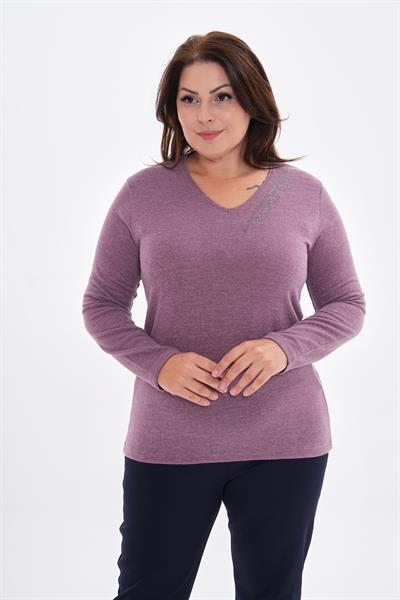 Kadın uzun kollu yakası taş detaylı büyük beden triko görünümlü bluz-bgb39 - Charamela