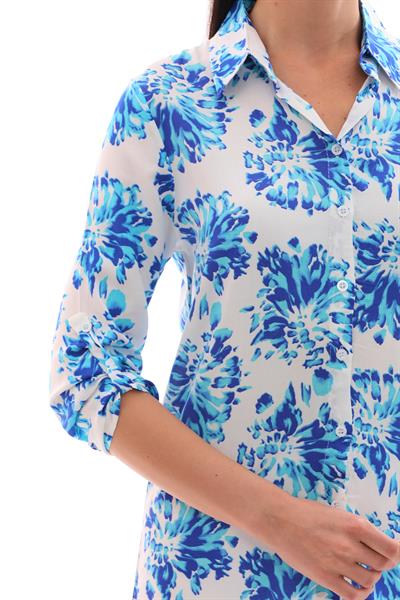 Kadın viskon apolet detaylı beyaz mavi desenli gömlek - Charamela