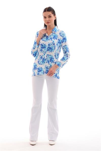 Kadın viskon apolet detaylı beyaz mavi desenli gömlek - Charamela
