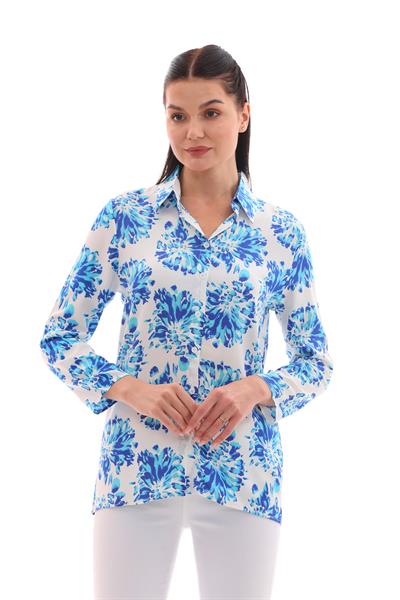 Kadın viskon apolet detaylı beyaz mavi desenli gömlek - Charamela