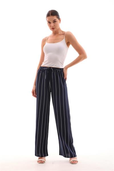 Lacivert beyaz çizgili beli lastikli lacivert palazzo pantolon - Charamela