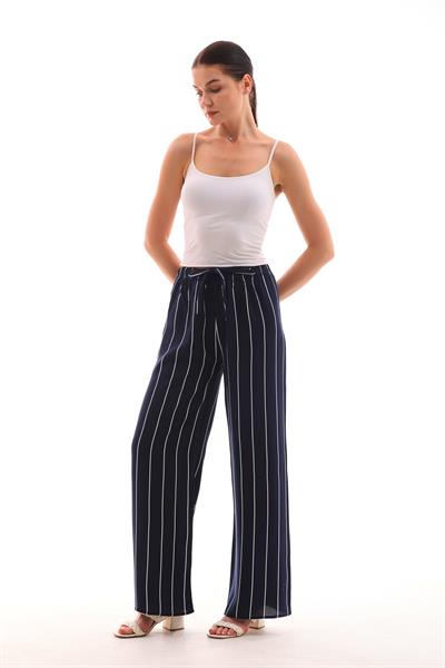Lacivert beyaz çizgili beli lastikli lacivert palazzo pantolon - Charamela