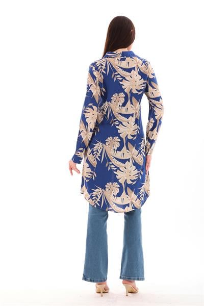 Mavi-bej desenli kadın büyük beden viskon tunık gömlek - Charamela