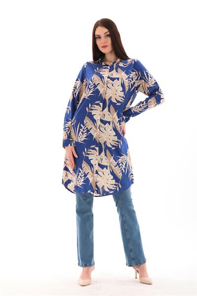 Mavi-bej desenli kadın büyük beden viskon tunık gömlek - Charamela